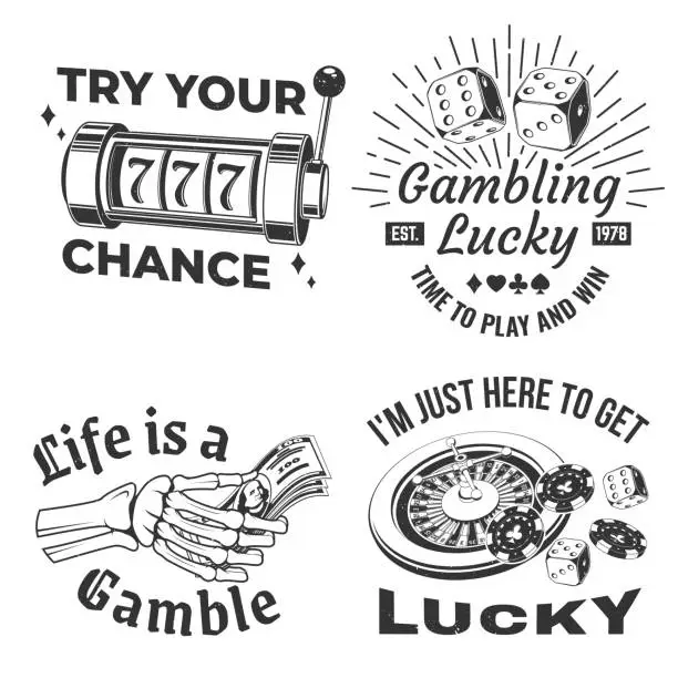 Vector illustration of Gambling vintage print, logo, badge design with wheel of fortune, two dice and skeleton hand holding dollar silhouette. Vector. Wheel of fortune, two dice and skeleton hand holding dollar for gambling industry.