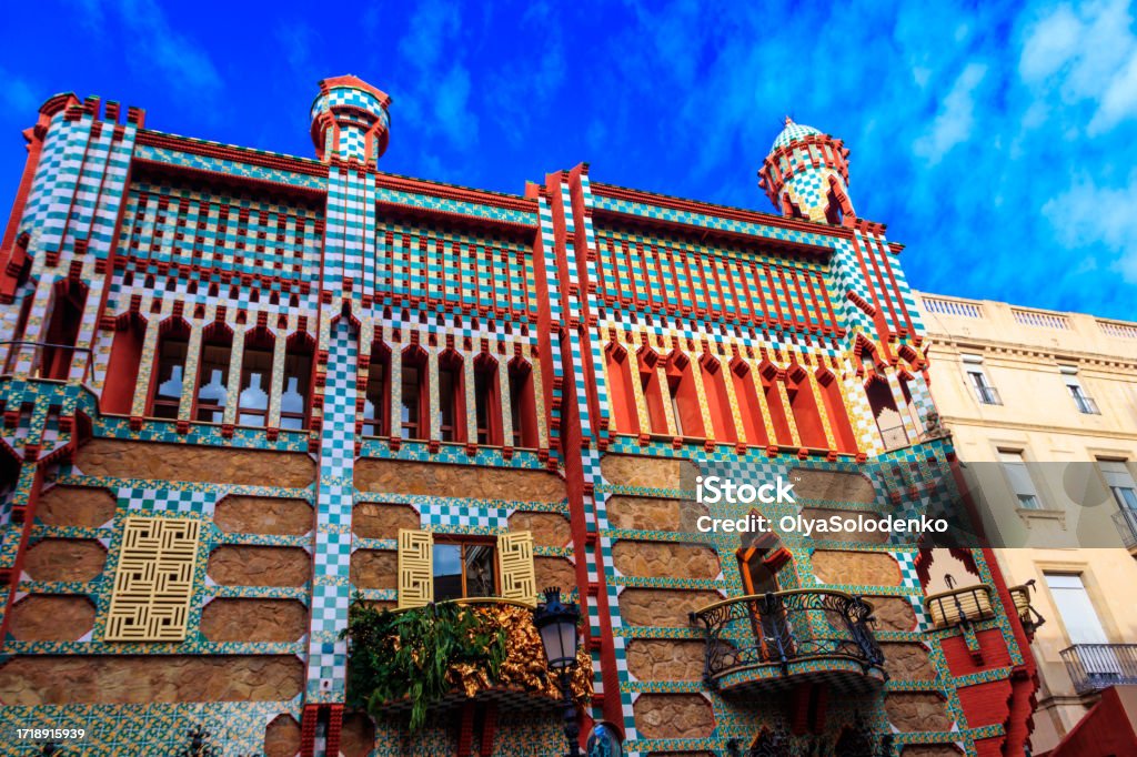 Facade of Casa Vicens in Barcelona, Spain. It is first masterpiece of Antoni Gaudi. Built between 1883 and 1885 Antoni Gaudí Stock Photo