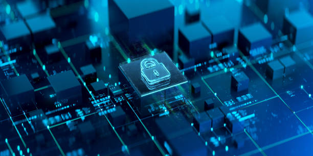 istock Safety and security technology futuristic background. Lock icon on block network and data transfers. Modern 3D render 1718917035