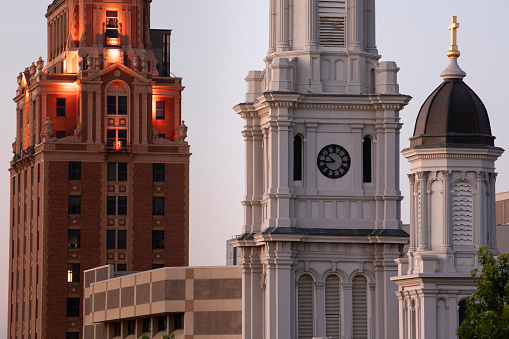 Sunset view of the downtown skyline of Sacramento, California, USA.