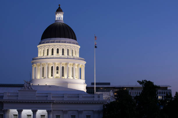 Twilight night view of the California State Capitol in downtown Sacramento, California, USA.