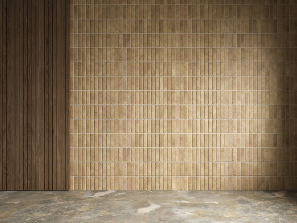 istock Interior with blank tile beige wall and wood panel. 3d render illustration mockup. 1718934229