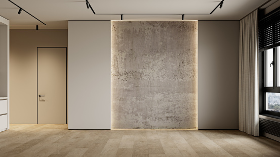 Empty minimalism beige, gray interior with concrete wall, backlit, wood floor and black details. 3d render illustration mockup.