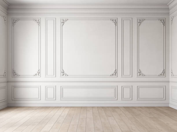 istock Classic white blank wall with moldings in empty interior. 3d render illustration mockup. 1718935860