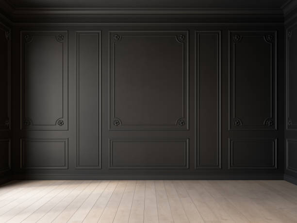 istock Classic black blank wall with moldings in empty interior. 3d render illustration mockup. 1718935876