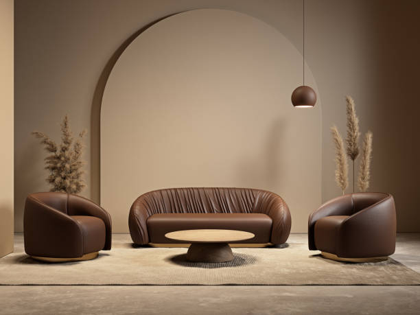 istock Beige interior composition with sofa, armchairs, arc, pampas grass and decor. 3d render illustration mockup. 1718935897