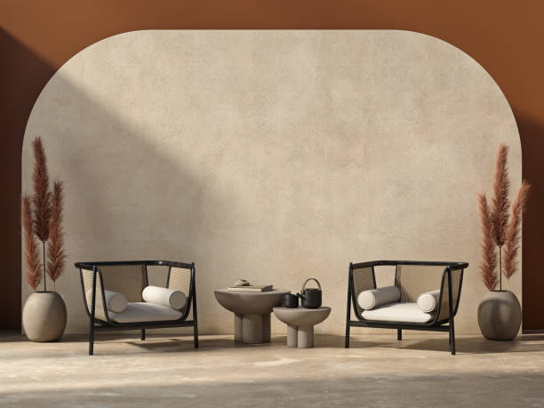 istock Interior composition with armchairs, coffee table and decor, red, orange beige colors. 3d render illustration, presentation mockup. 1718936435