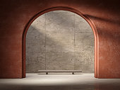 Architecture minimalism composition with arc, orange dry wall, concrete panels, bench. 3d render illustration mockup.