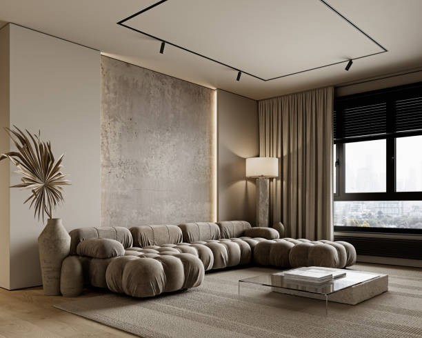 istock Beige, gray contemporary minimalism interior with sofa, concrete wall, backlit and decor. 3d render illustration mockup. 1718936986