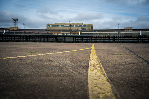 Berlin, Germany - 08 05 2023 :The old airport building the Berlin airport Tempelhof view from the old guide lines of the airport to the historic terminal