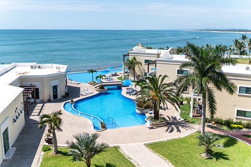 Sea view terrace at luxury hotel, Ras Al Khaimah, UAE
