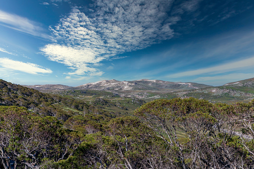Photograph of cloud covered mountains in Charlotte Pass in the Snowy Mountains in New South Wales in Australia