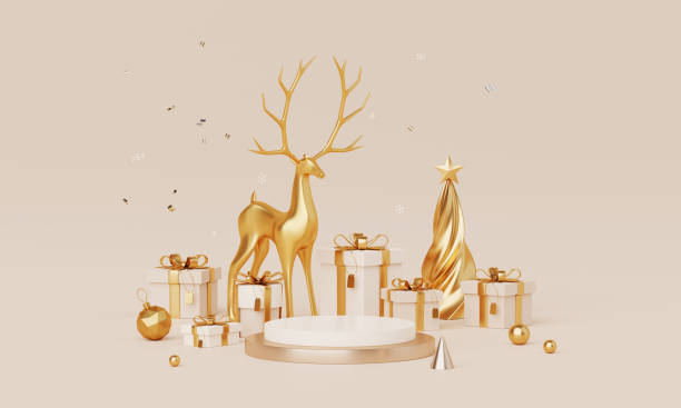 istock Christmas backgrounds with podium stage platform in minimal New year event theme. Merry Christmas scene for product display mock up banner. Empty stand pedestal decor in Xmas winter scene. 3D render. 1718964328