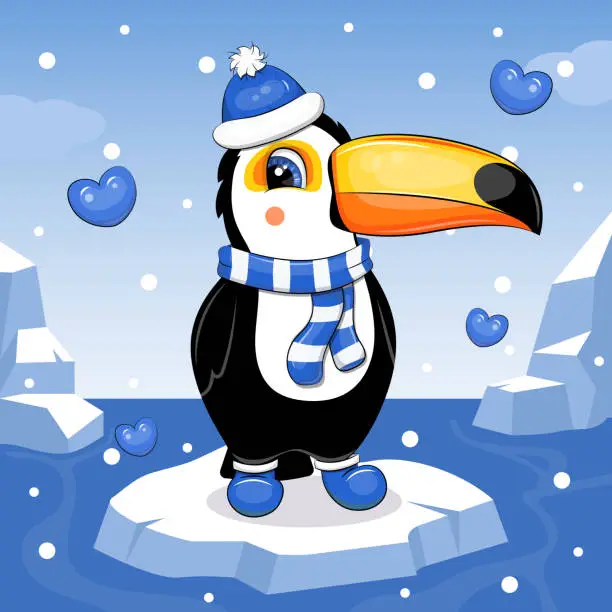 Vector illustration of A cute cartoon toucan in a hat and scarf is standing on the ice.