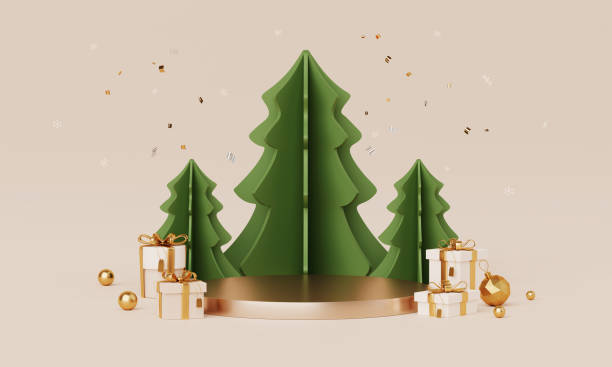 istock Christmas backgrounds with podium stage platform in minimal New year event theme. Merry Christmas scene for product display mock up banner. Empty stand pedestal decor in Xmas winter scene. 3D render. 1718968716