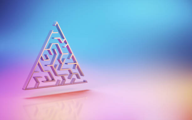 trójkątny metalowy labirynt oświetlony różowymi, niebieskimi i pomarańczowymi światłami - triangle puzzle three dimensional shape metal zdjęcia i obrazy z banku zdjęć