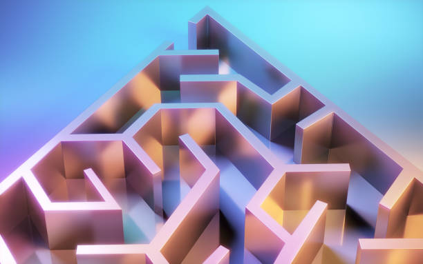 istock Triangle Metal Maze illuminated with Pink Blue and Orange Lights 1718997544