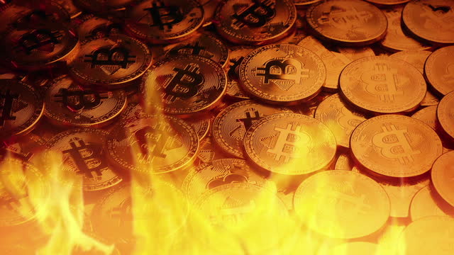 Gold Bitcoins Rotating In Flames Lost Value Concept