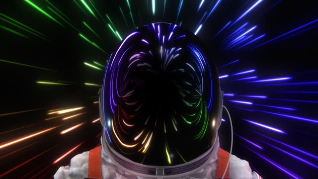 Brave Astronaut In Empty Colorful Space. Camera Moving Forward To His Helmet