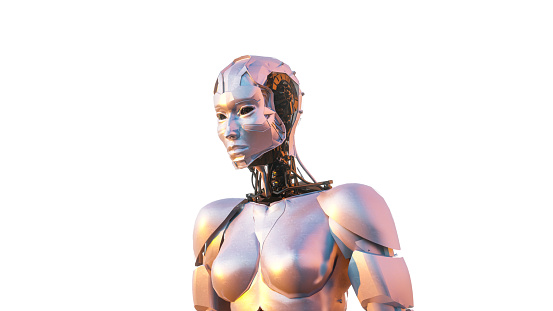AI robot against white background. 3d image representing the futristic AI technology.