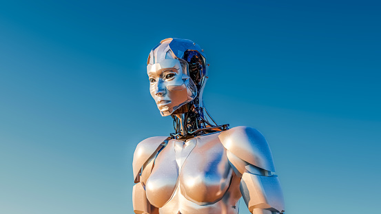3D image of Ai female Robot against blue sky. Digital generated image of woman robot.