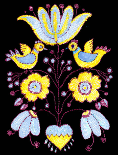 istock Decorative embroidered towel drawn with colored felt-tip pens. Tree of life growing from the heart, fairy tale flowers, leaves, birds isolated on a black background 1719045568