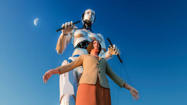 Creative AI robot managing the actions of a puppet. Low angle view of a humanoid controlling human puppet against blue sky.