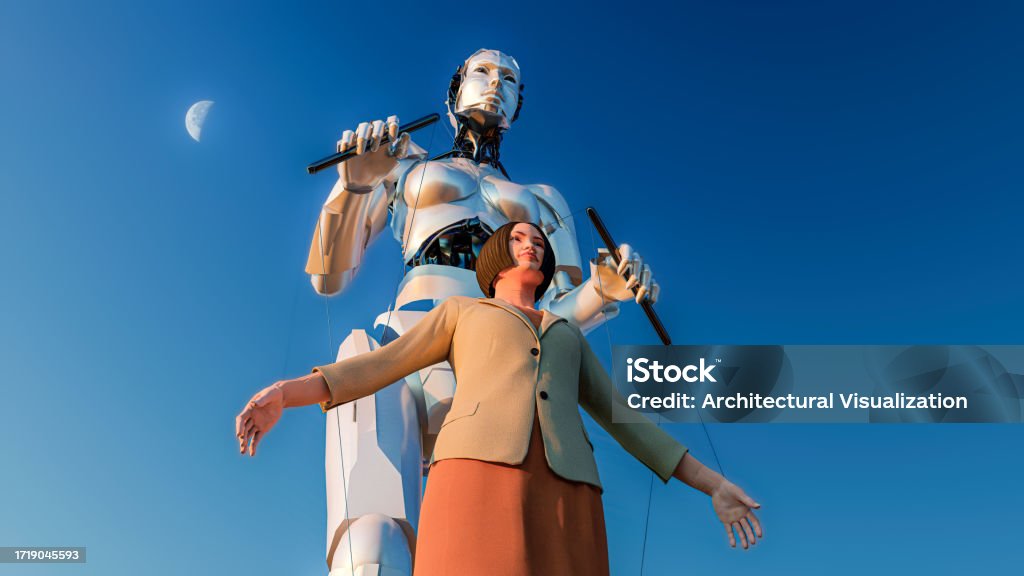 3D Render Creative AI robot managing the actions of a human puppet Creative AI robot managing the actions of a puppet. Low angle view of a humanoid controlling human puppet against blue sky. Domination Stock Photo