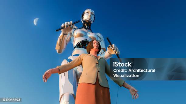 3d Render Creative Ai Robot Managing The Actions Of A Human Puppet Stock Photo - Download Image Now