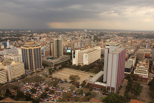 Kenya, Nairobi - 29 July 2018: View from the roof of the Kenyatta International Convention Centre towards the Central Business District.
