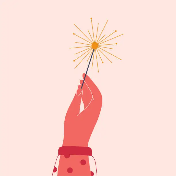 Vector illustration of Female hand holds sparkler. Festive bengal light with sparks in human arm. Woman with firework stick.