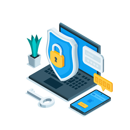 isometric shield with a padlock near a laptop and smartphone, in color on a white background, data protection or secure account login