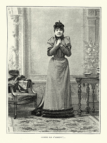 Vintage illustration after a photograph, Young woman holding hands together in excitement, Comme ils s'aiment !, French 1890s, 19th Century
