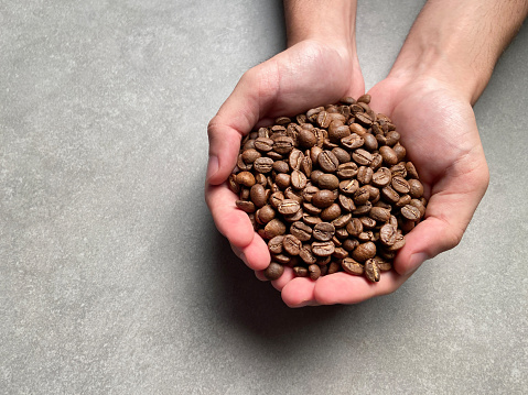 Hand holding roasted coffee beans with copy space
