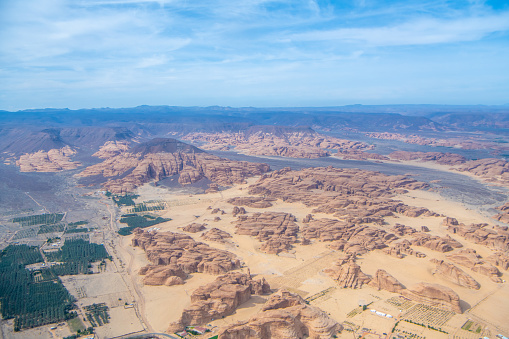 Aerial views of desert outcrops around the oasis of Al Ula in north Saudi Arabia