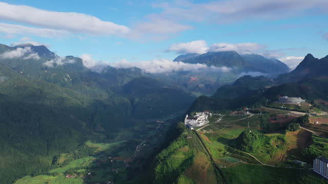 Aerial view showcases Sapa's town in northern Vietnam's embrace