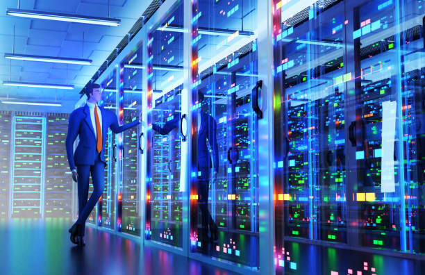 istock Modern server room, corridor in data centre with Supercomputer racks and businessman monitoring  working process. 3D rendering illustration 1719124230
