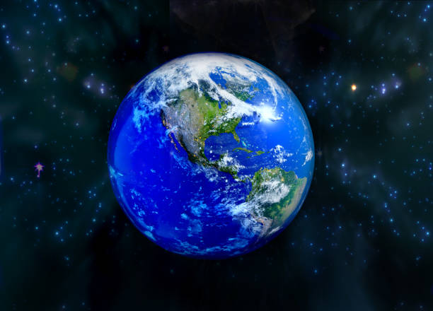 Planet Earth 3D rendering illustration. Planet lit up with sun light in beautiful space with stars and gases