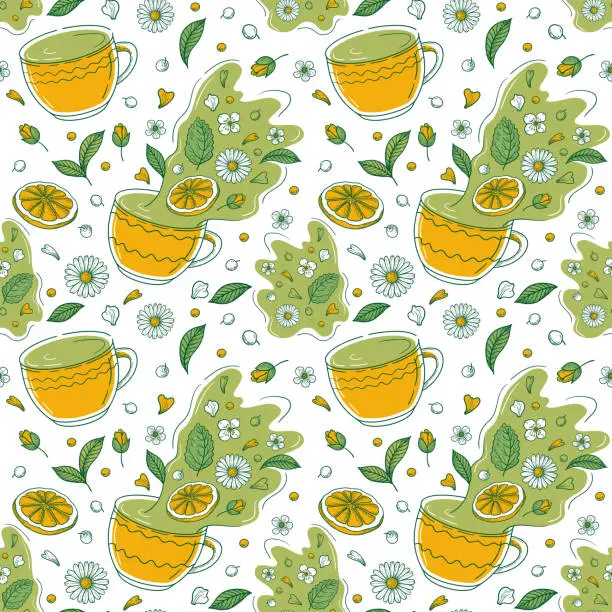 Vector illustration of seamless pattern with cups of herbal or green tea, tea leaves, lemon, mint, rose, . Autumn mood.