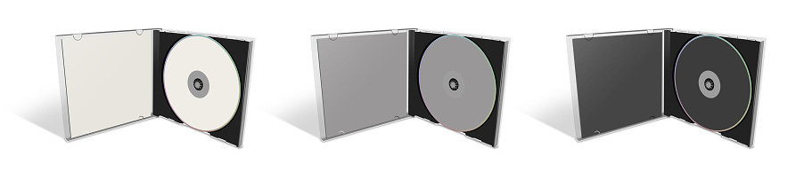 Three CD or DVD blank template white, grey and black for presentation layouts and design. Raster Illustration. Isolated on white background.