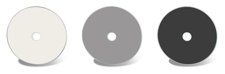Three CD or DVD blank template white, grey and black for presentation layouts and design. Raster Illustration. Isolated on white background.
