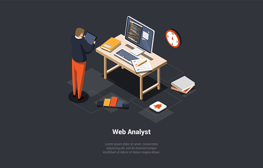 Concept Of Testing, Data Analysis And Science, Debugging. SEO Web Analyst Man Marketer Analyzing Data And Diagram In Front Of Computer With Tablet In Office. Isometric 3d Cartoon Vector Illustration.