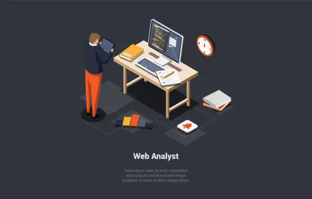 Vector illustration of Concept Of Testing, Data Analysis And Science, Debugging. SEO Web Analyst Man Marketer Analyzing Data And Diagram In Front Of Computer With Tablet In Office. Isometric 3d Cartoon Vector Illustration