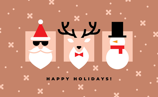 Christmas greeting card or banner design with Santa, deer and snowman icons. Funny and creative winter holidays illustration.