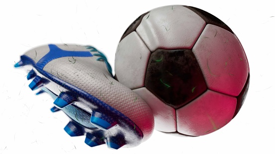 football shoe shoot the ball in slowmotion.white background.3d animation of soccer ball and shoe