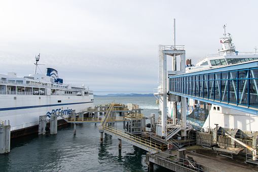 Vancouver, Canada - Jan 4 2023 : The view of BC Ferries ship at Horseshoe Bay Public Dock.