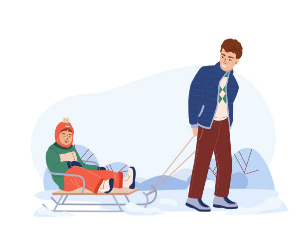 istock Father rides his son on a sleigh on the snow. New Year, Christmas holidays active and fun spending time together. Winter fun vector illustration in cartoon style isolated on white. 1719191352