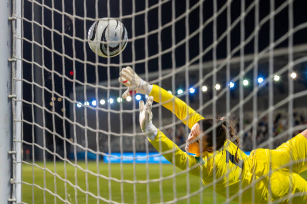 istock Female soccer goalkeeper catching ball 1719200556