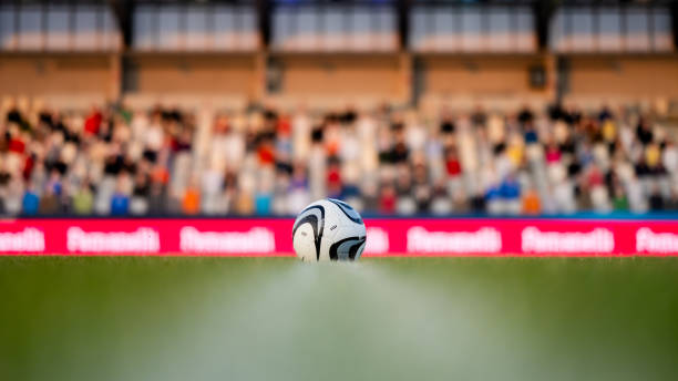 istock Soccer ball on white marking line on field 1719200604