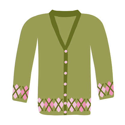 Warm knitted cardigan with rhombus pattern, doodle style flat vector illustration